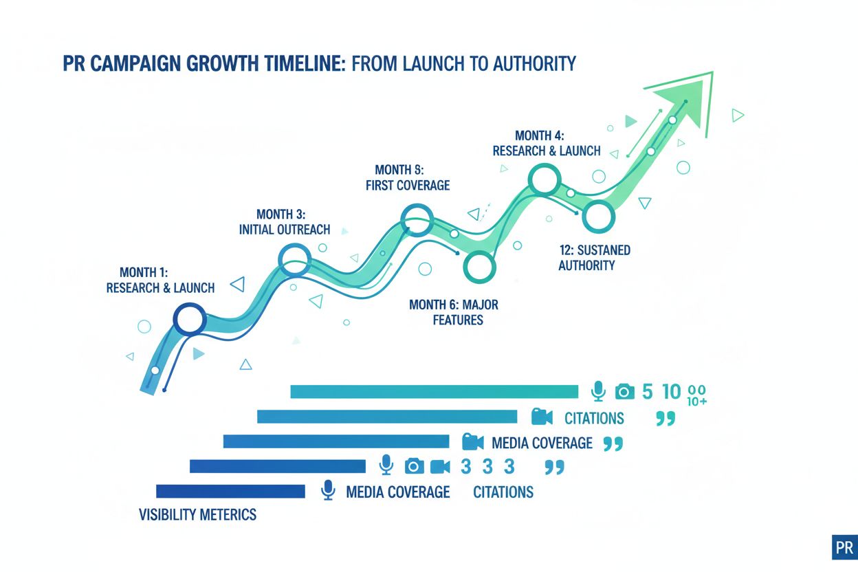 Timeline visualization showing data-driven PR campaign success progression over 12 months