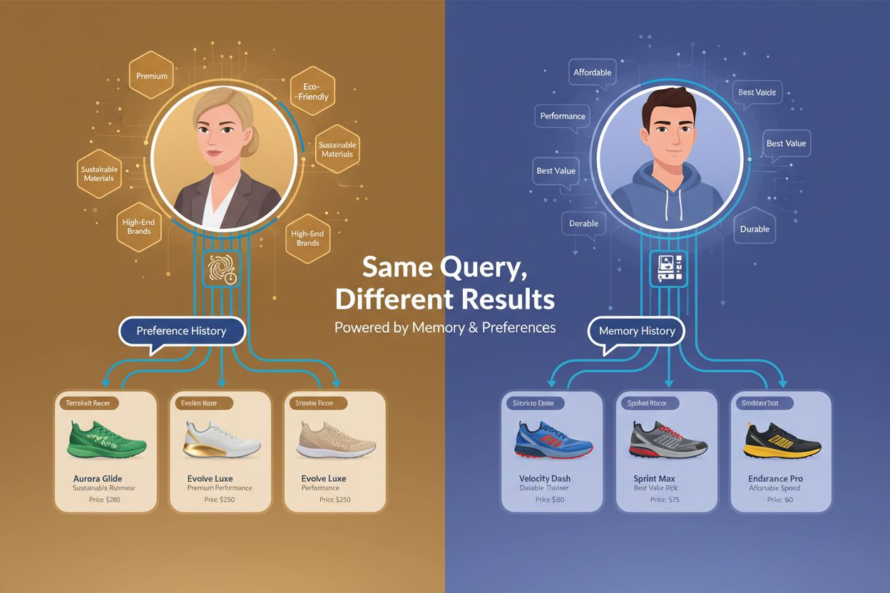 Illustration showing two different user profiles with different preferences receiving different ChatGPT product recommendations for the same query
