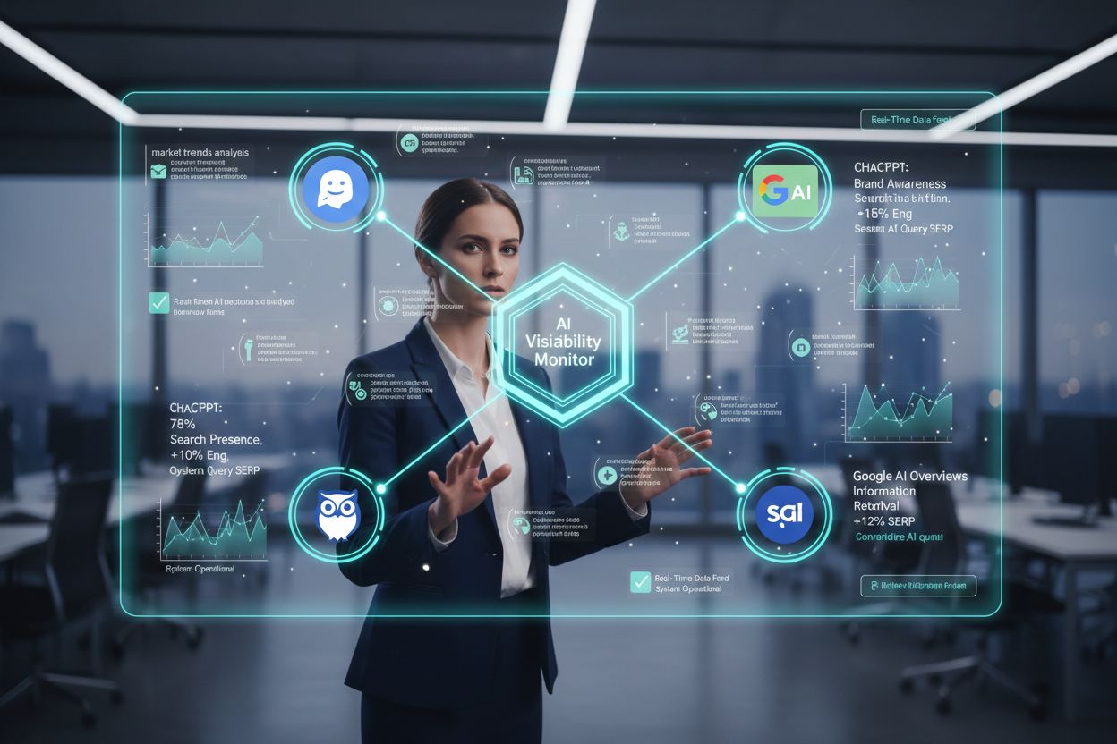 AI visibility monitoring dashboard showing brand tracking across ChatGPT, Perplexity, and Google AI Overviews