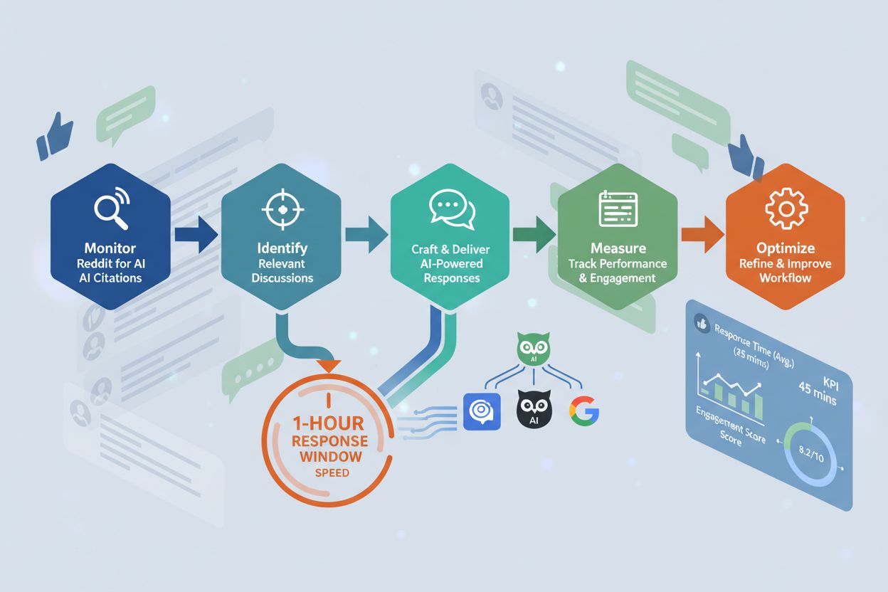Reddit optimization workflow showing monitoring, identification, response, measurement, and optimization steps