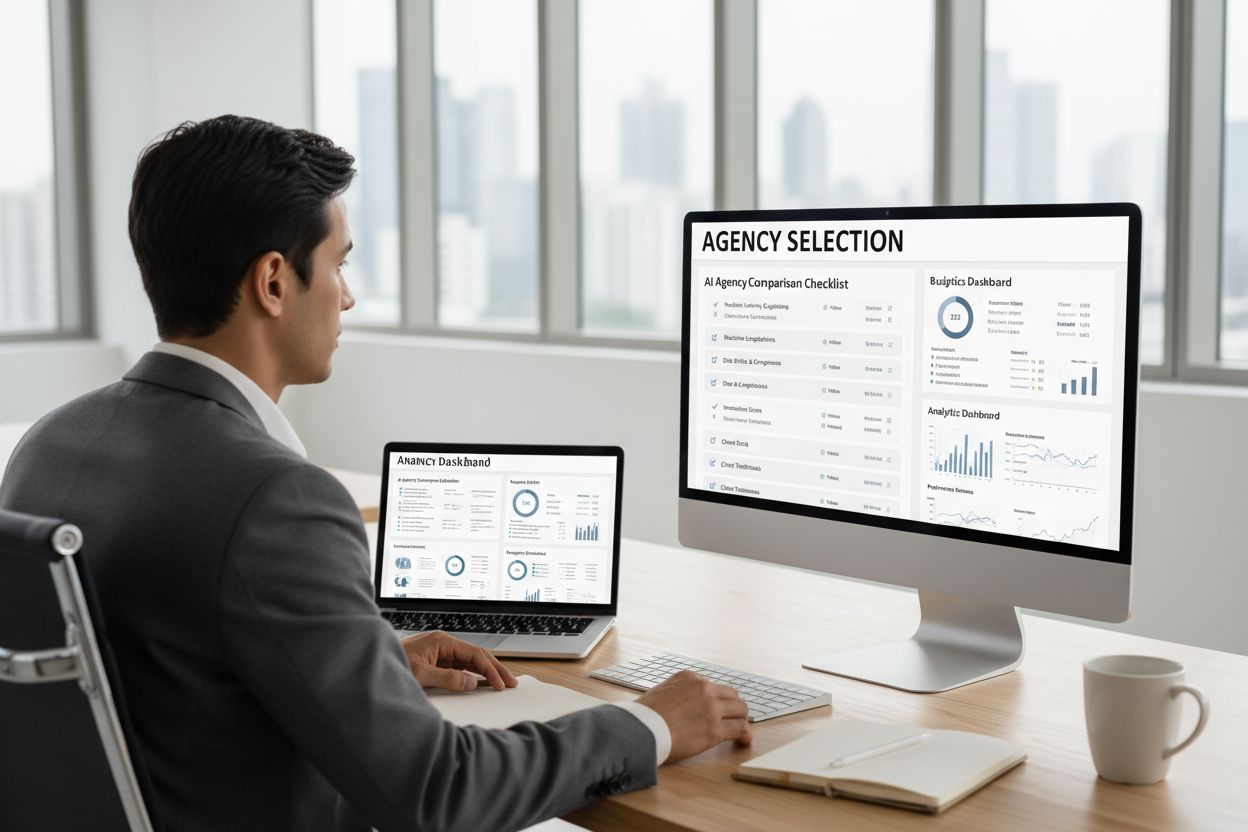 Professional business person reviewing AI agency selection criteria on computer