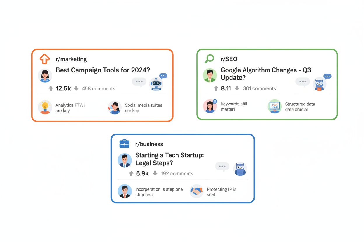 Reddit-Community-Engagement mit mehreren Subreddit-Diskussionen, Upvotes und Kommentaren