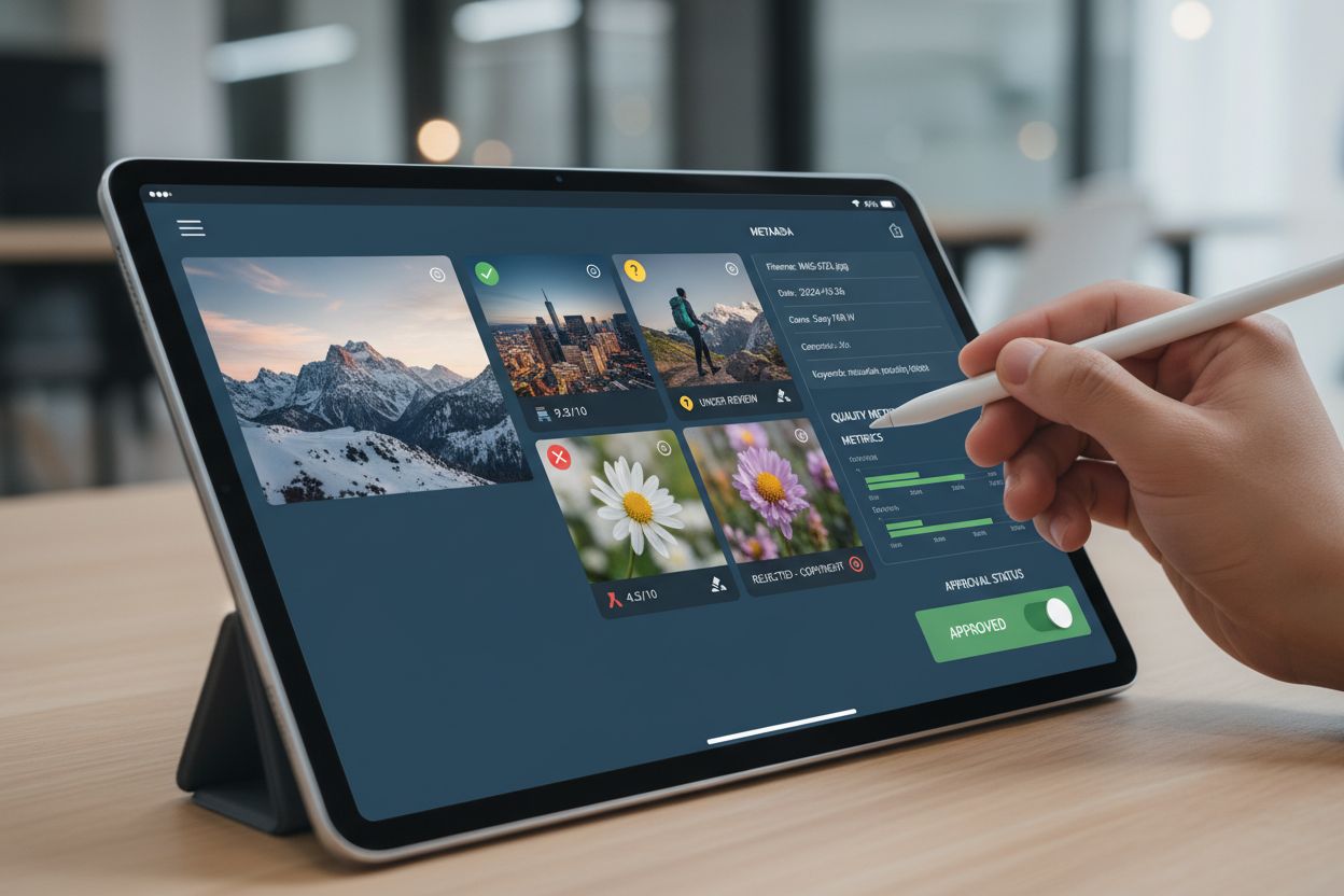 Visual content review dashboard showing quality scores and approval status