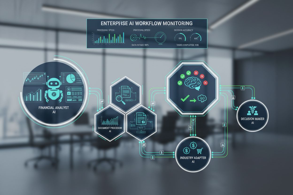 Agenti AI che collaborano in un workflow aziendale con analisi dati finanziari, elaborazione documenti e decision making