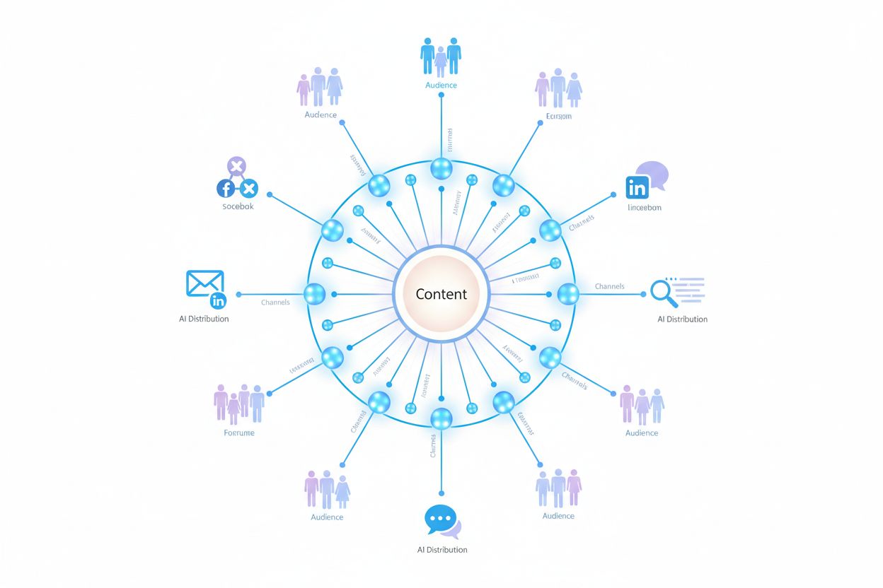 AI content distribution network showing central hub with multiple channels radiating outward