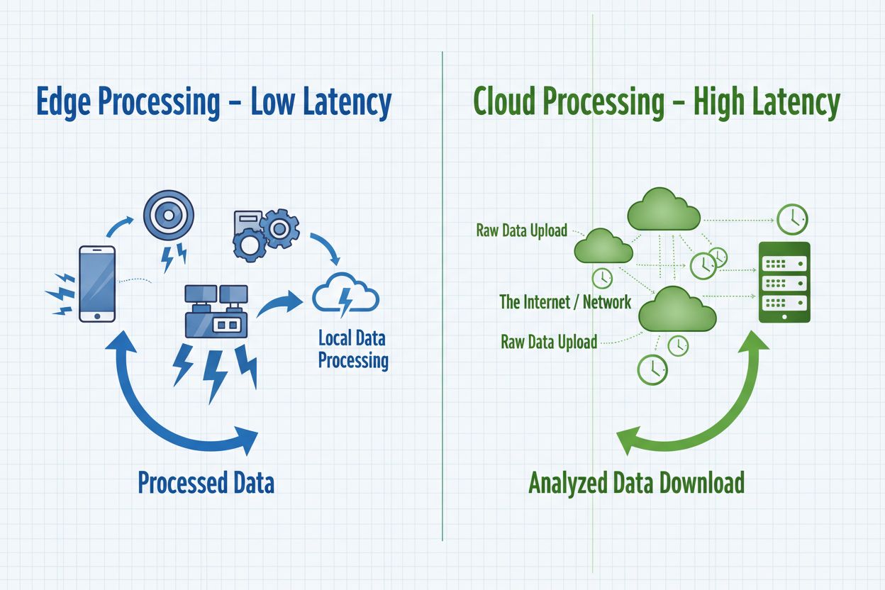 Edge AI Processing vs Cloud AI Architecture comparison showing local device processing with low latency on left side and cloud processing with high latency on right side