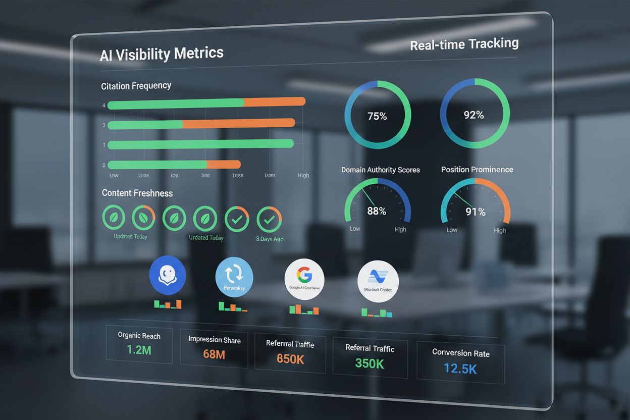AI visibility metrics dashboard showing citation frequency, position prominence, and domain authority tracking
