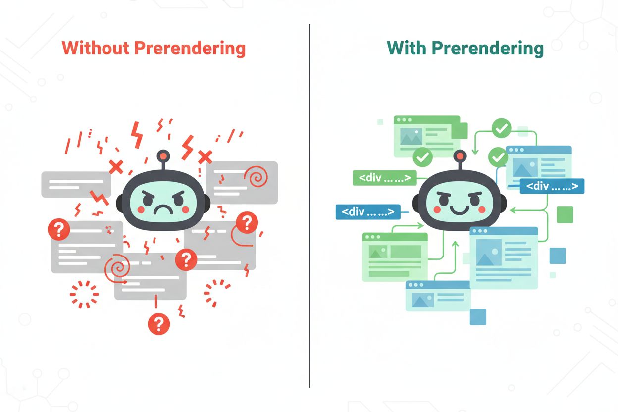 Comparison of JavaScript rendering challenges for AI crawlers showing before and after prerendering