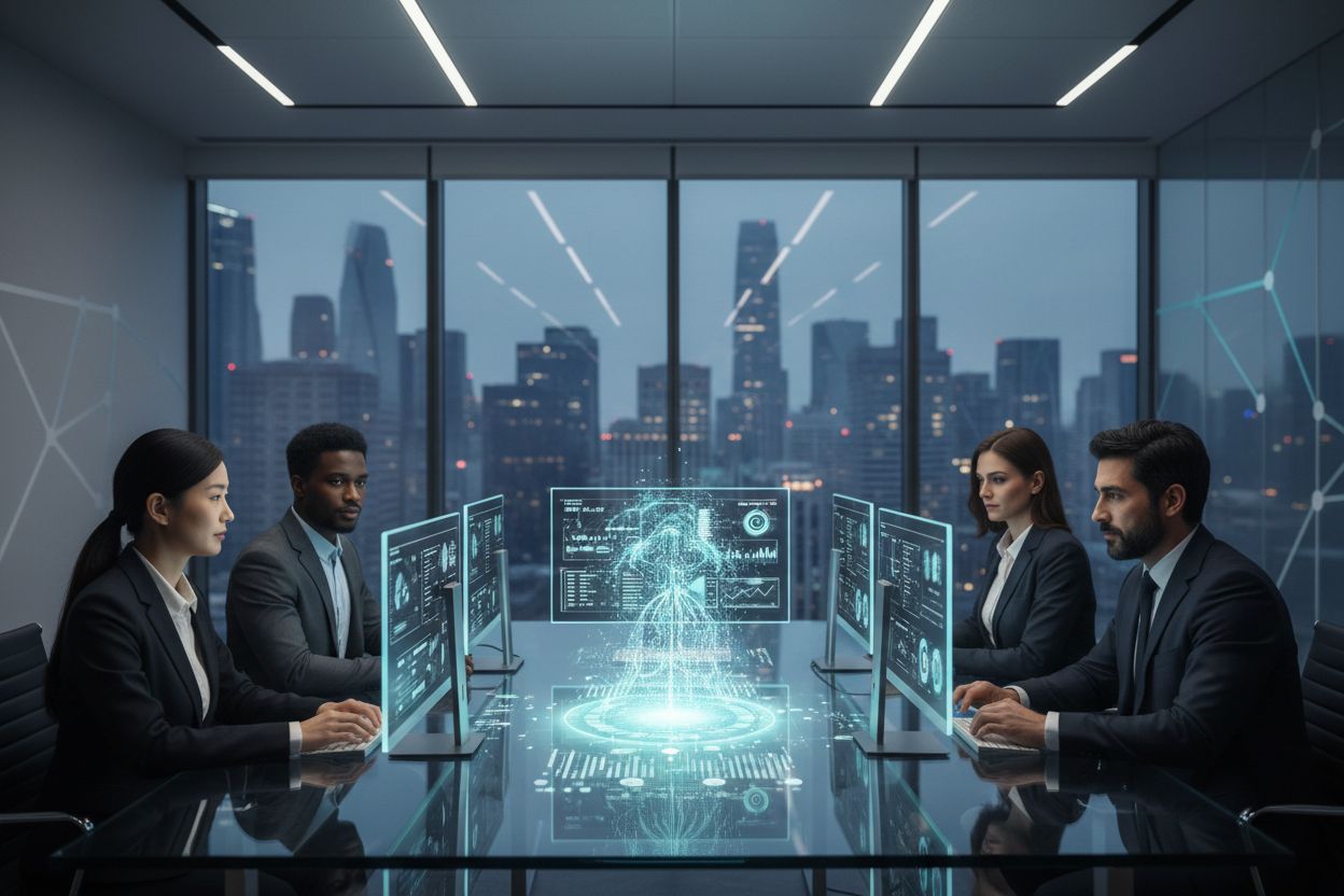 Diverse professionals collaborating on research using Perplexity Spaces with multiple monitors showing data synthesis