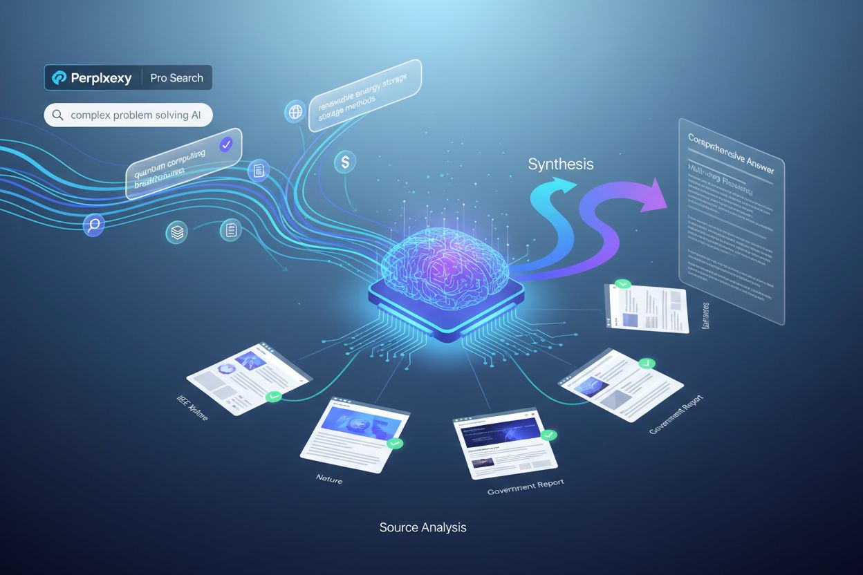 AI research visualization showing Perplexity Pro Search with multiple data streams flowing into central processor
