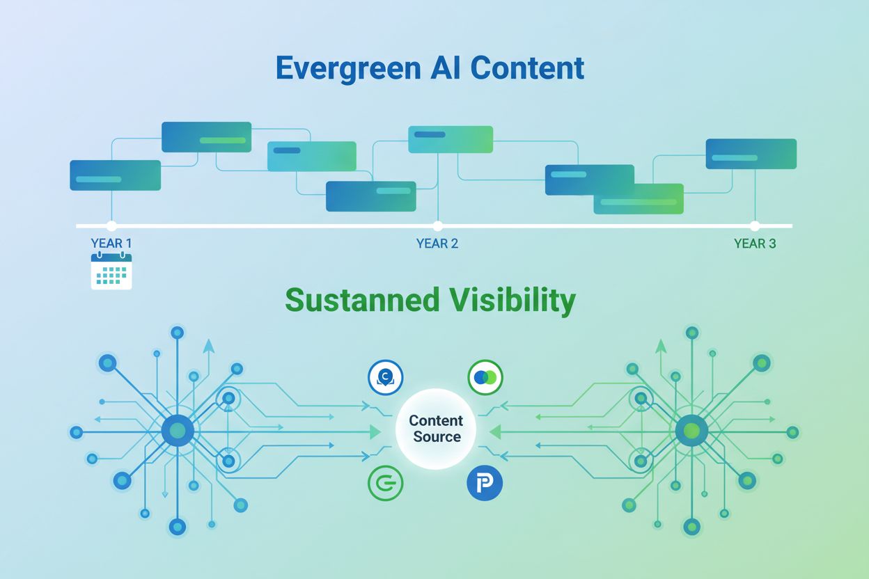 Evergreen AI content concept showing sustained visibility across AI systems over time