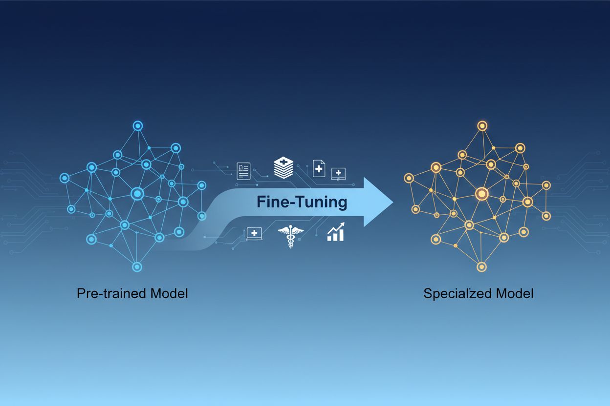 AI model fine-tuning process showing pre-trained model transformation to specialized model