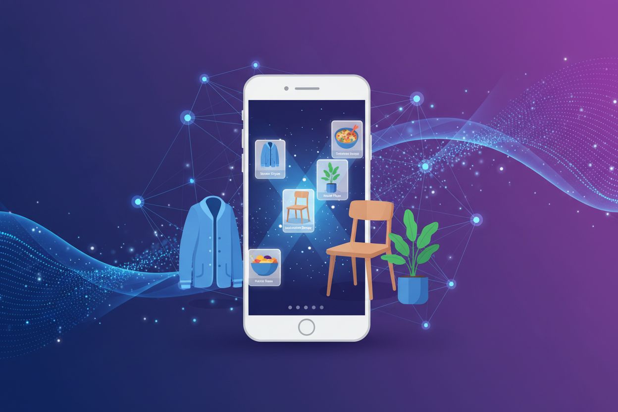 Visual AI Search technology showing smartphone with camera icon and AI-powered search results