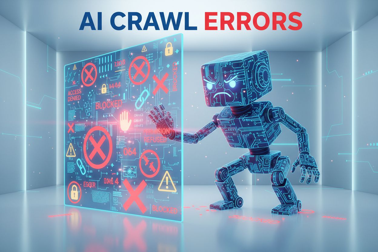 AI crawler bot encountering technical errors and blocked content barriers