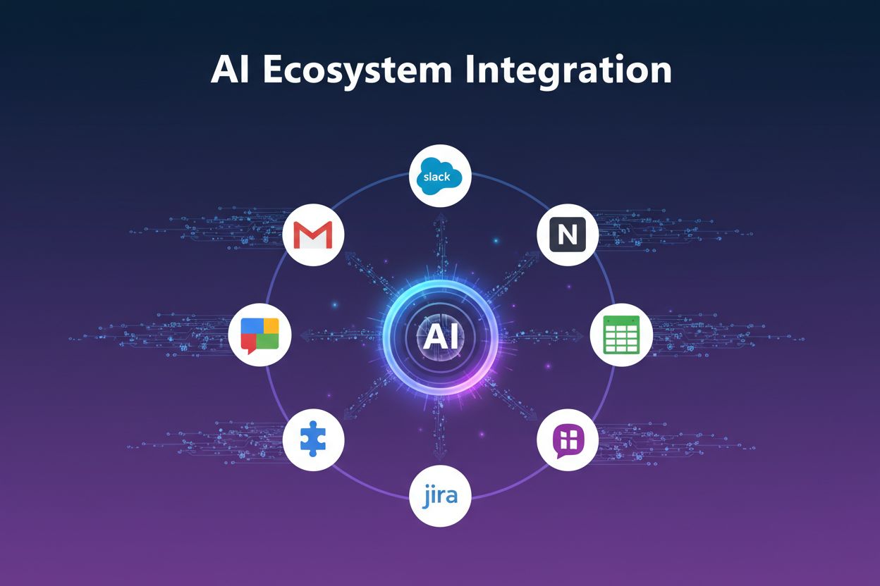 AI Ecosystem Integration showing central AI assistant connected to multiple apps and services