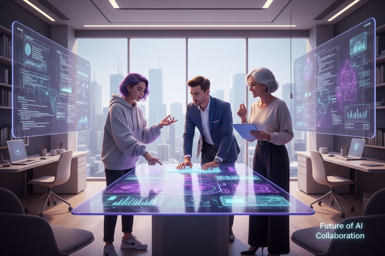 Multi-generational team collaborating on AI project in modern tech workspace