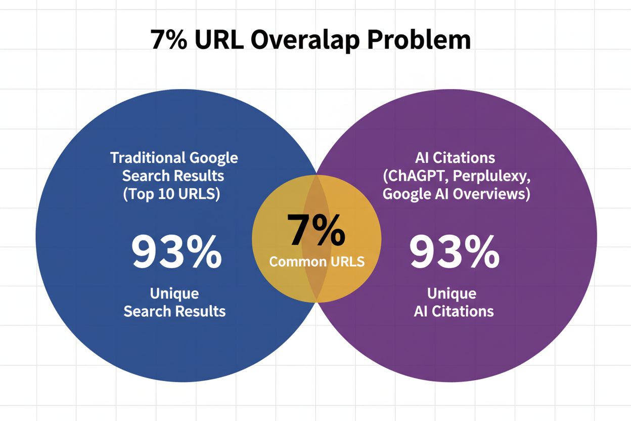7% Overlap Problem visualization showing traditional search results vs AI citations