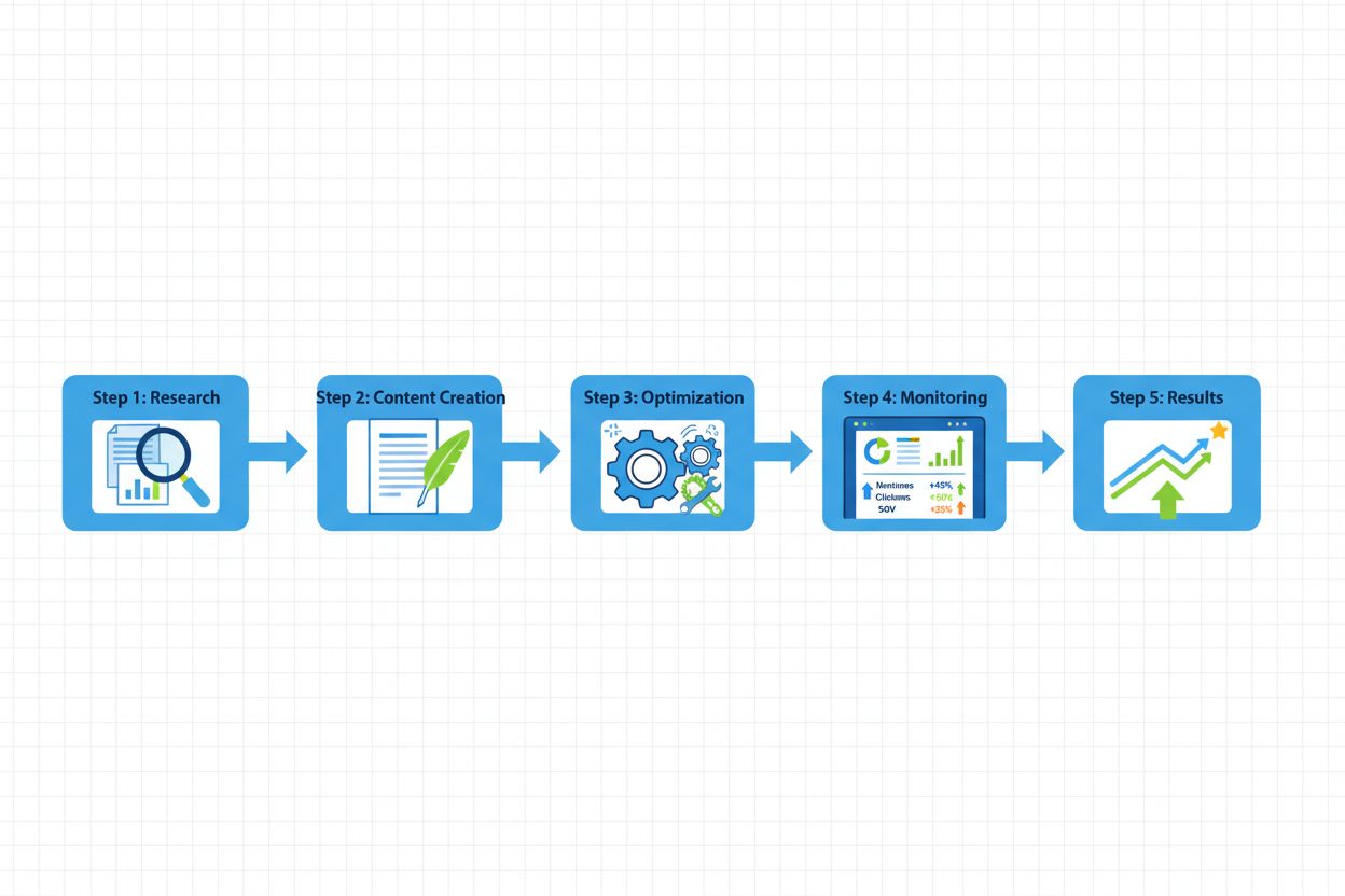 Content optimization workflow showing research, creation, optimization, monitoring, and results stages for improving AI share of voice