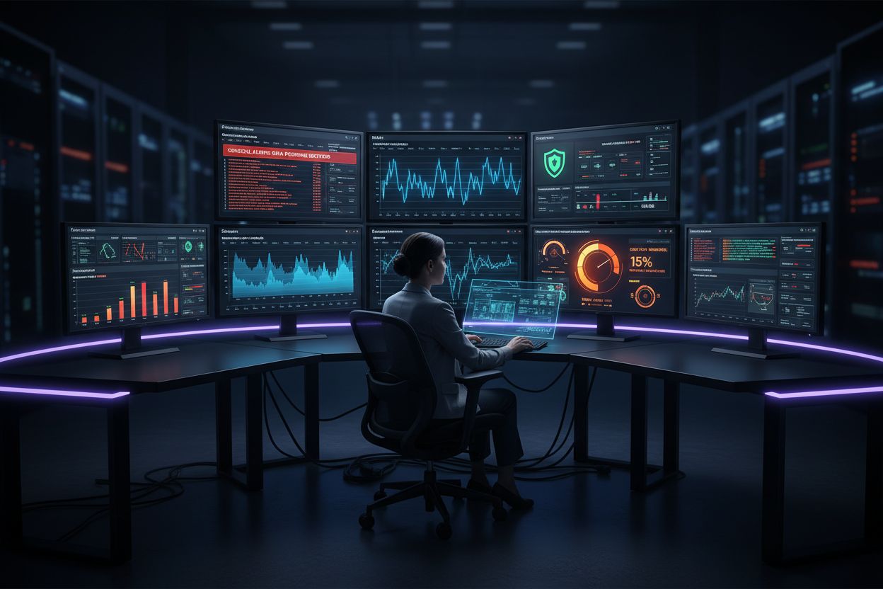 Real-time AI monitoring system with multiple screens showing alerts and risk metrics