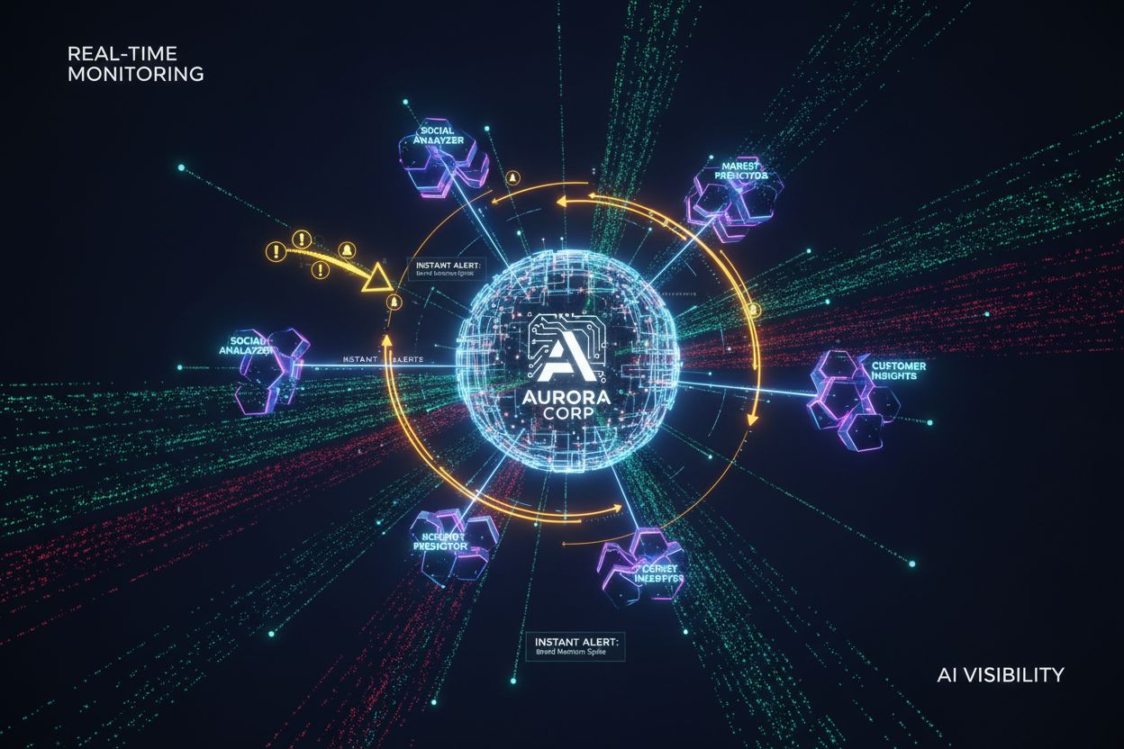 Abstract visualization of AI networks showing real-time monitoring and alert notifications