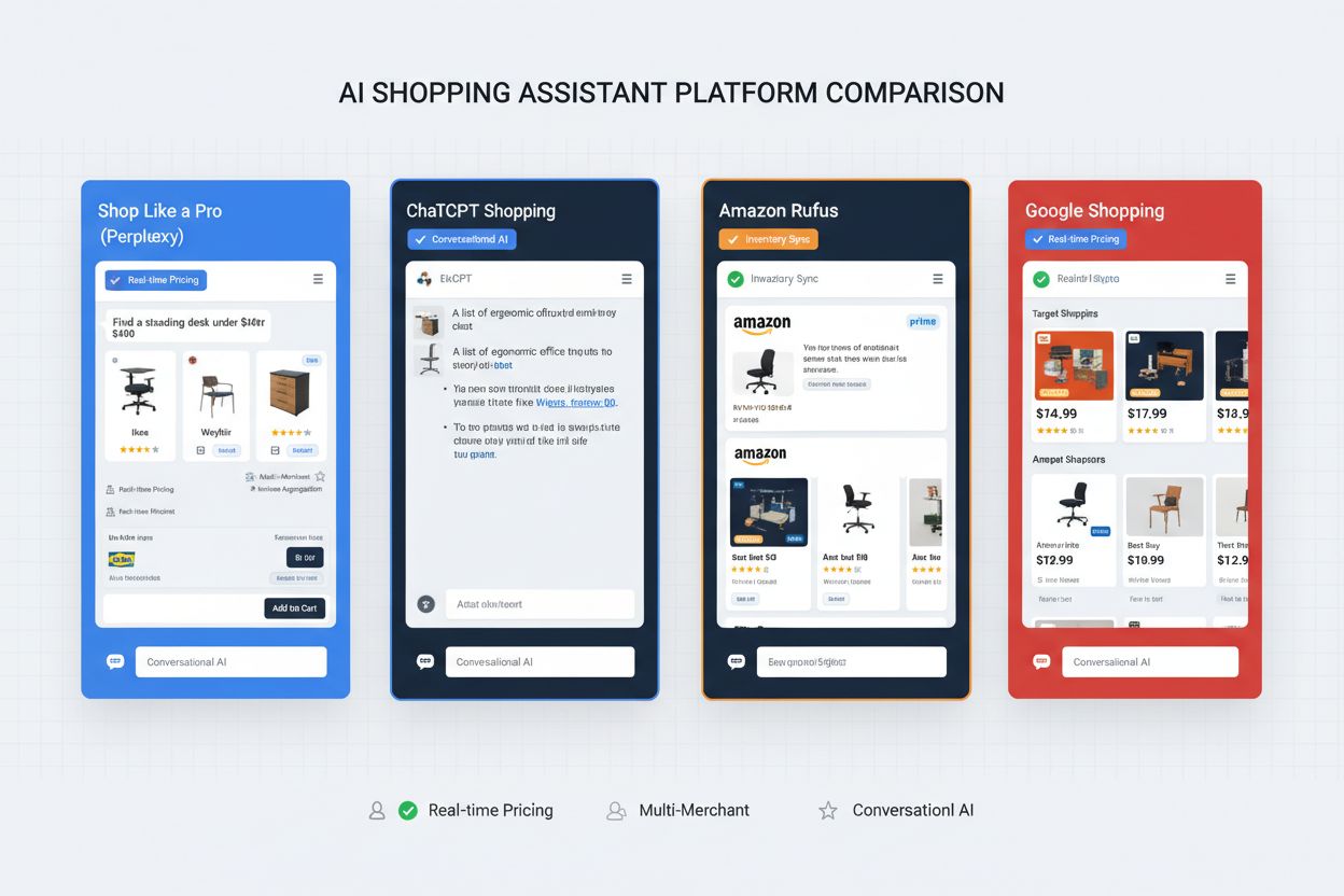 Comparison dashboard showing Shop Like a Pro, ChatGPT Shopping, Amazon Rufus, and Google Shopping features side-by-side