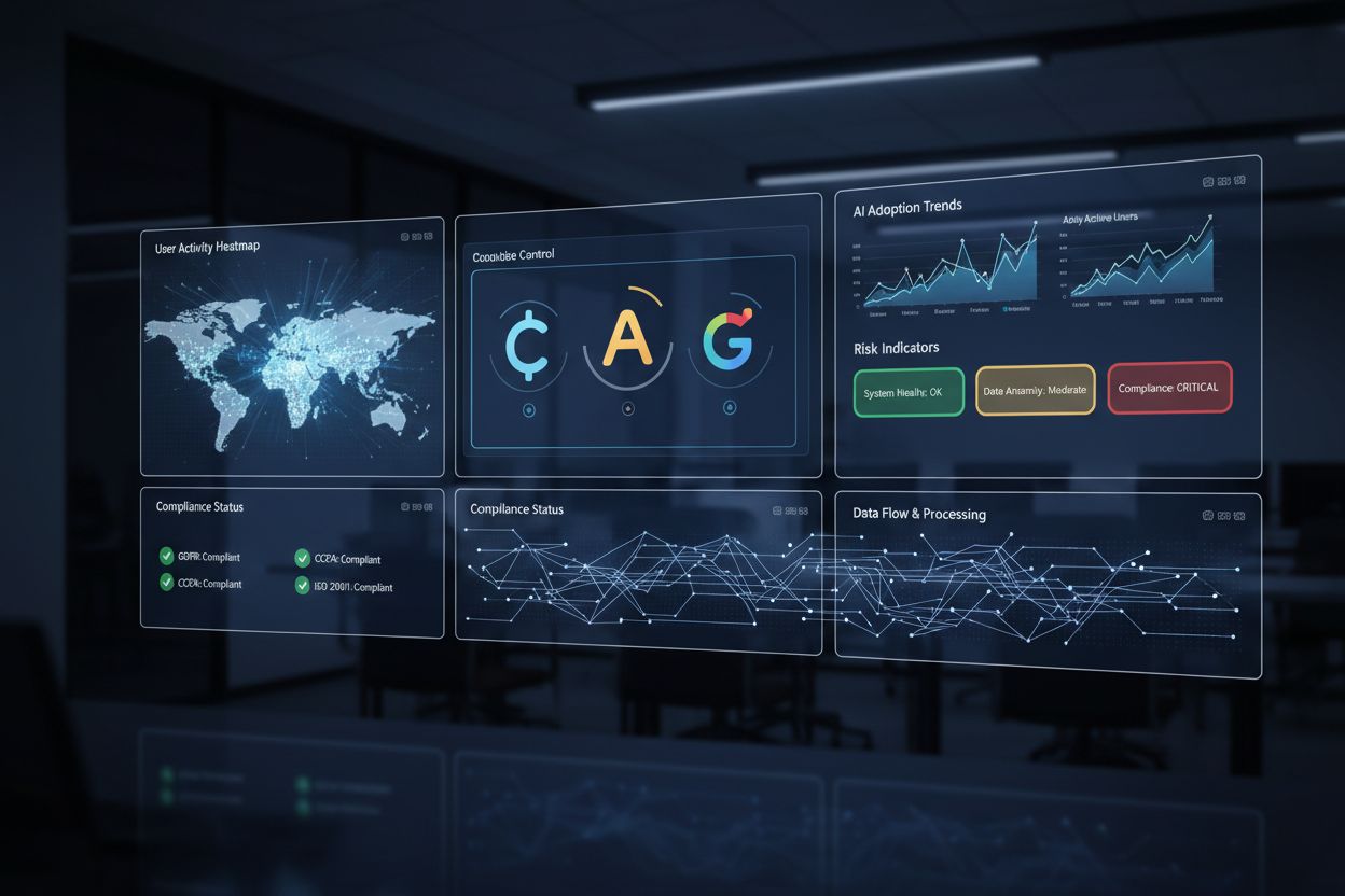 Dashboard di monitoraggio AI enterprise che mostra la visibilità in tempo reale su più sistemi AI con metriche, indicatori di rischio e stato della conformità