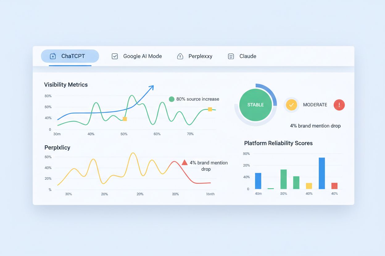 AI Platform Volatility Dashboard showing ChatGPT, Google AI Mode, Perplexity metrics with fluctuating visibility charts
