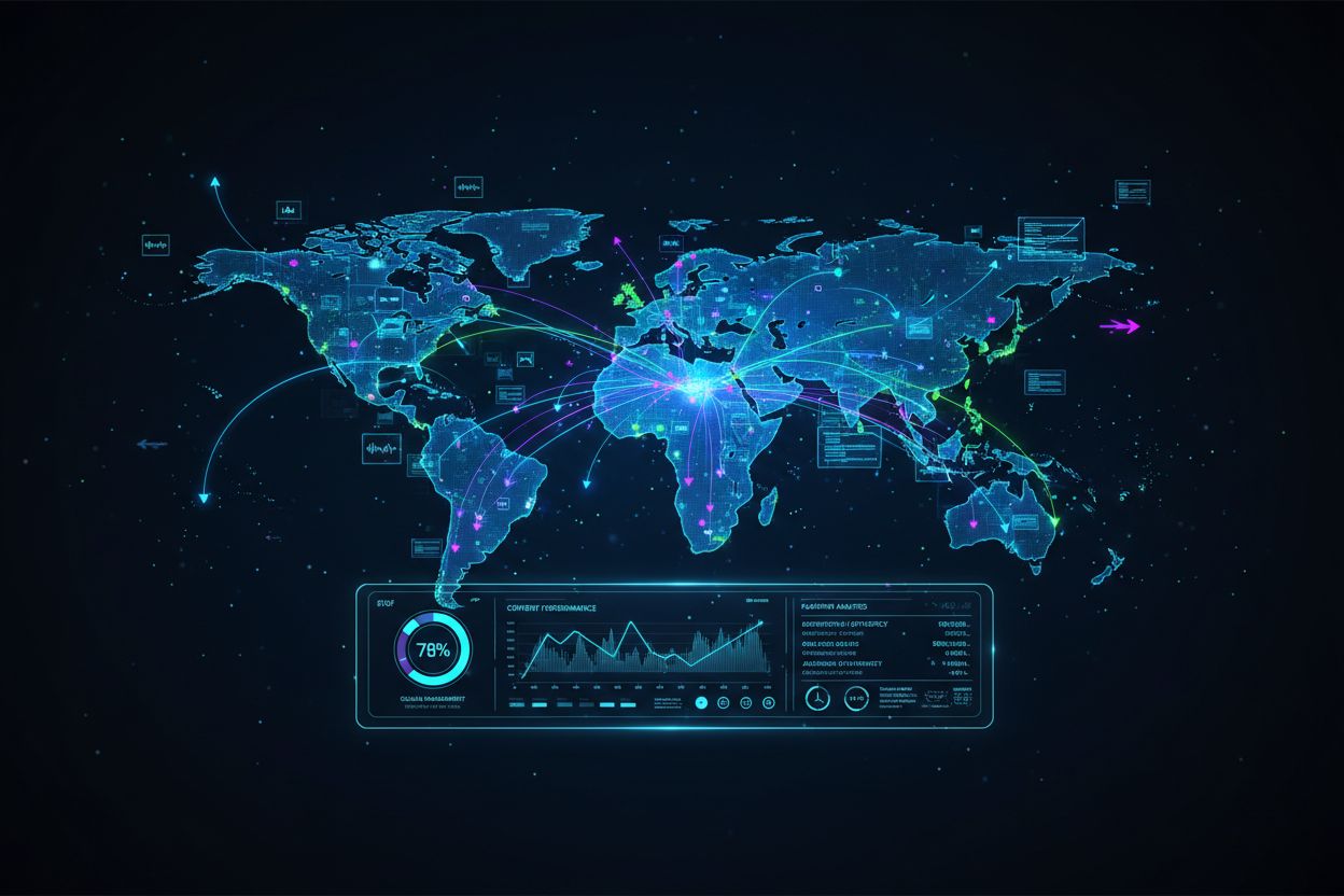 Futuristic AI content distribution ecosystem with global network connectivity