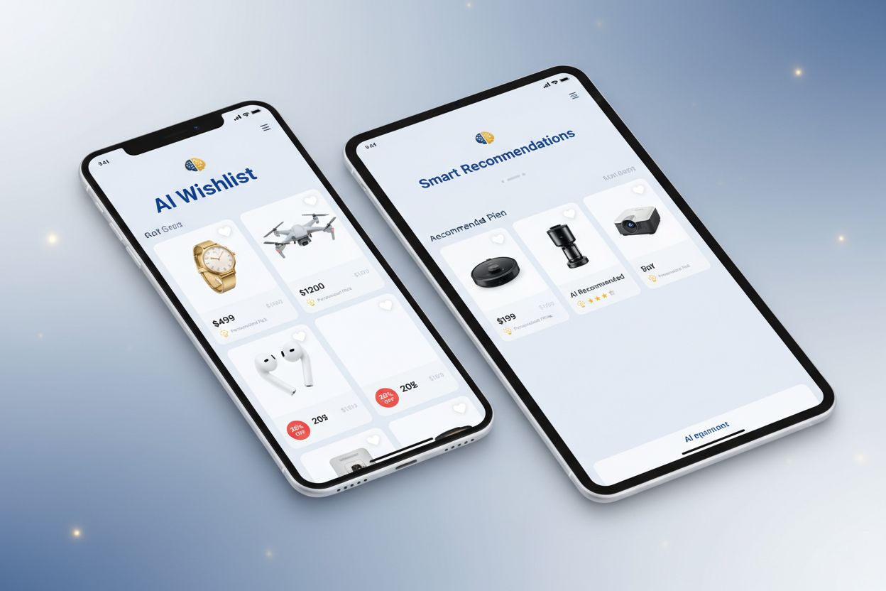 AI Wishlist interface showing smart recommendations and price tracking on mobile devices