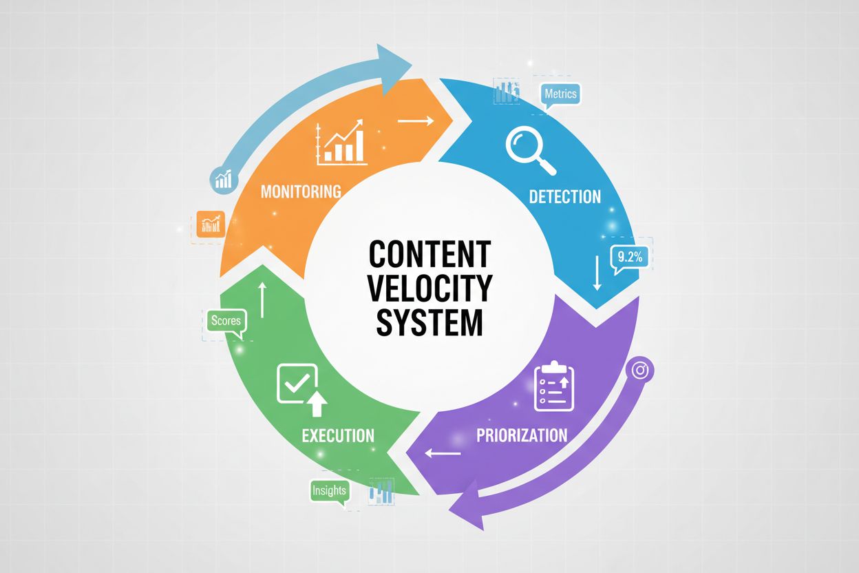 Workflow des Content Velocity-Systems mit Zyklus aus Erkennung, Priorisierung, Umsetzung und Monitoring