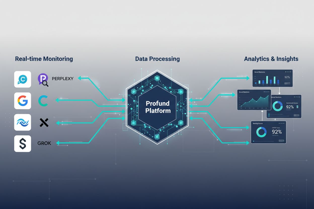 Data flow architecture showing AI engines feeding into Profound Platform processing hub and analytics dashboard