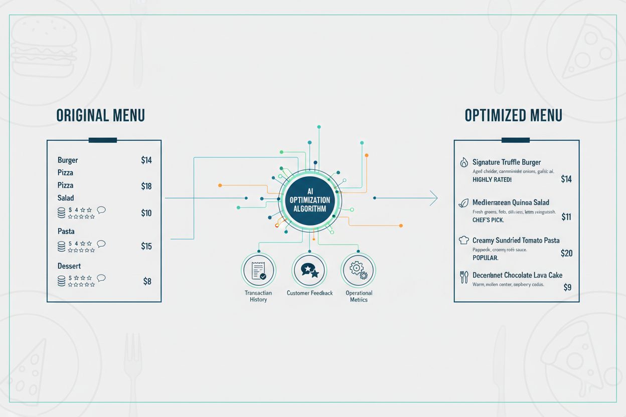AI menu optimization process flowchart showing data transformation