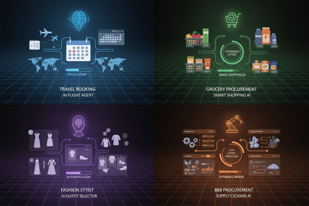 Agentic commerce use cases including flight booking, grocery shopping, fashion selection, and B2B procurement