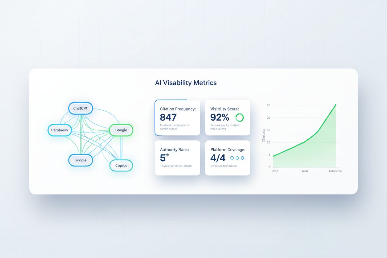 AI visibility metrics dashboard showing citation frequency, visibility score, and platform coverage analytics