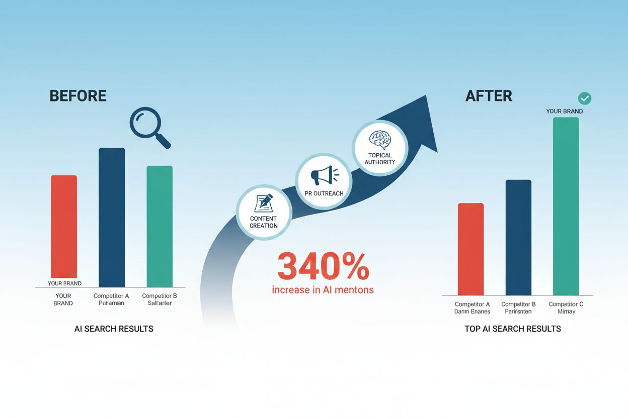 Content optimization and brand visibility improvement journey showing before and after metrics