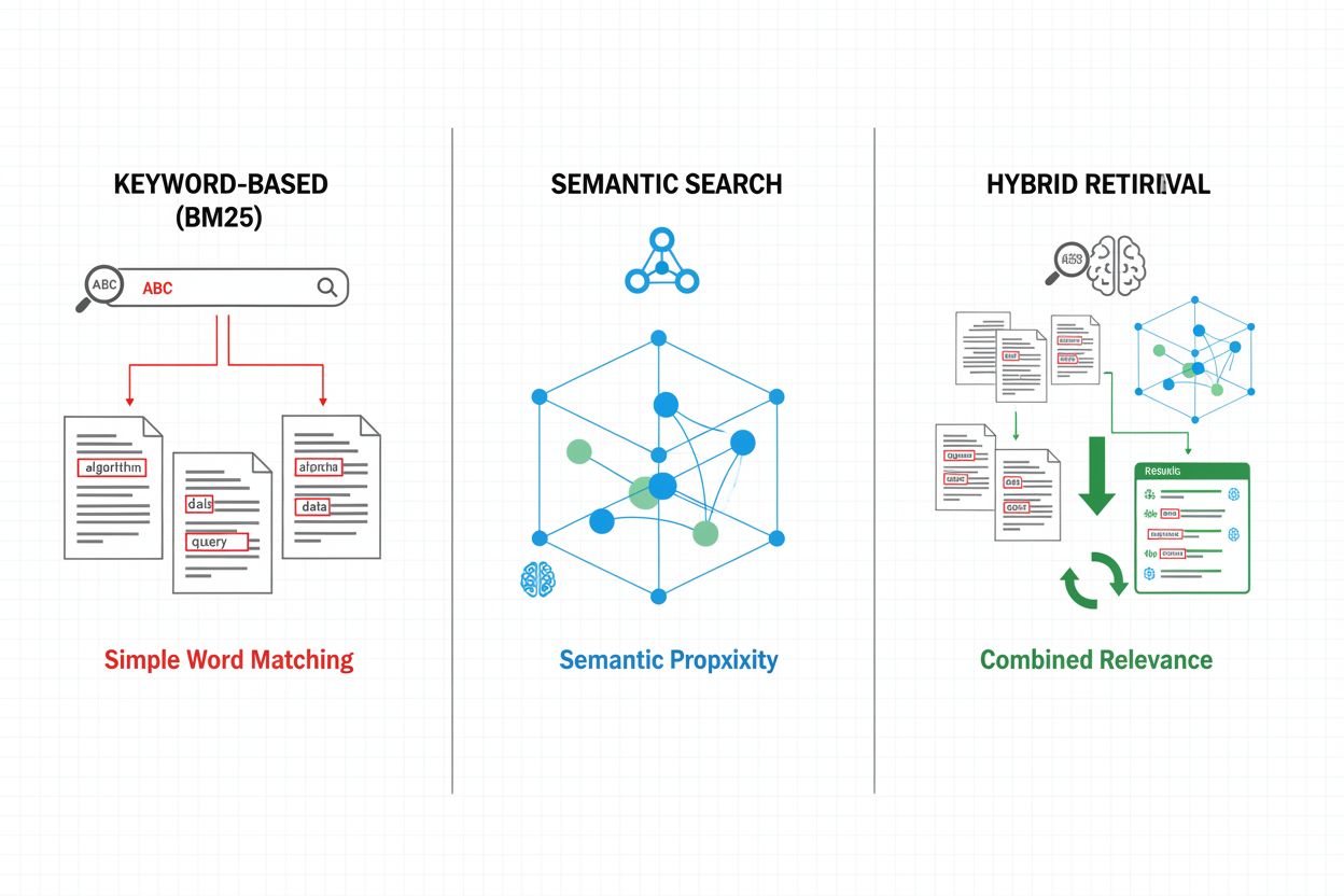 Comparison of keyword-based search, semantic search, and hybrid retrieval approaches