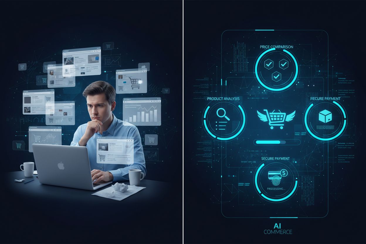 AI shopping agent managing autonomous commerce with split-screen showing traditional shopper versus AI agent handling multiple tasks