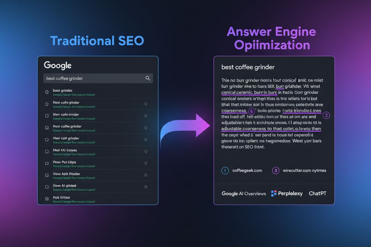 Split-screen showing traditional search results versus AI-generated answer with citations