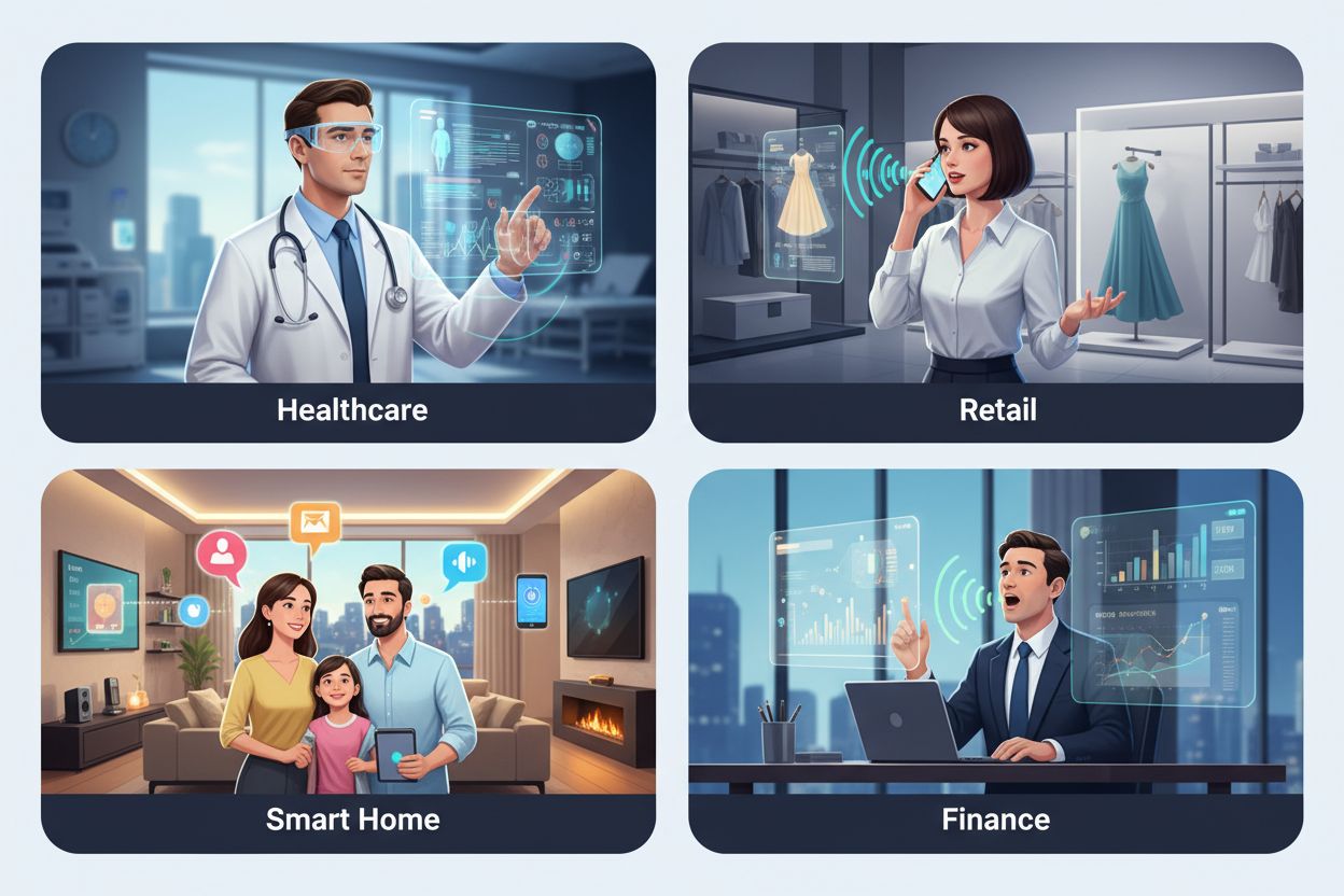 Quattro scenari industriali che mostrano applicazioni della ricerca zero-interfaccia in sanità, retail, smart home e finanza