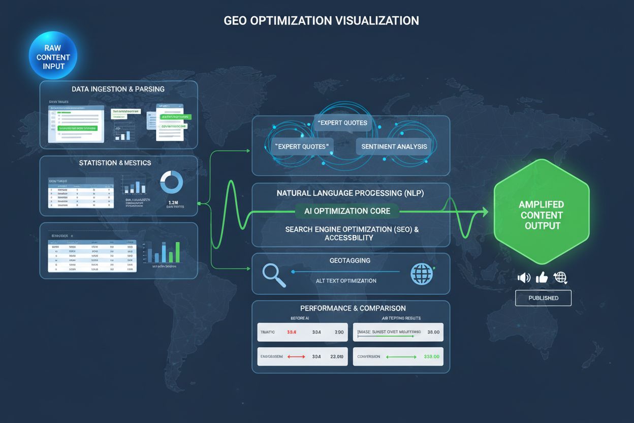 GEO optimization visualization showing content transformation through AI analysis layers