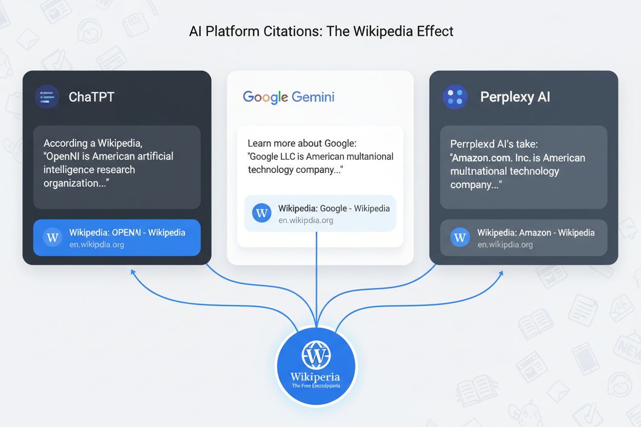 Wikipedia citations appearing in AI platform responses showing propagation across ChatGPT, Gemini, and Perplexity