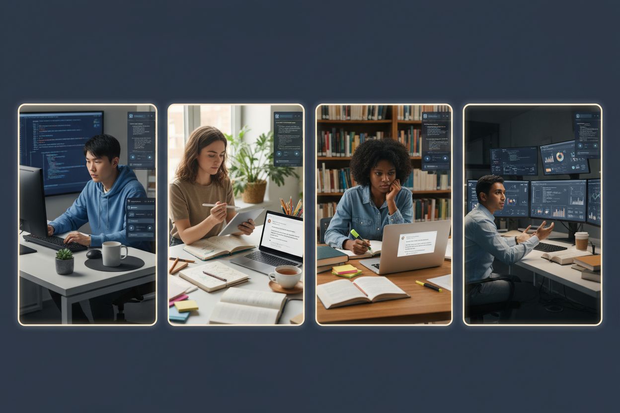 Quattro professionisti diversi che usano ChatGPT con istruzioni personalizzate nei loro ambienti di lavoro - sviluppatore, content creator, studente e data analyst