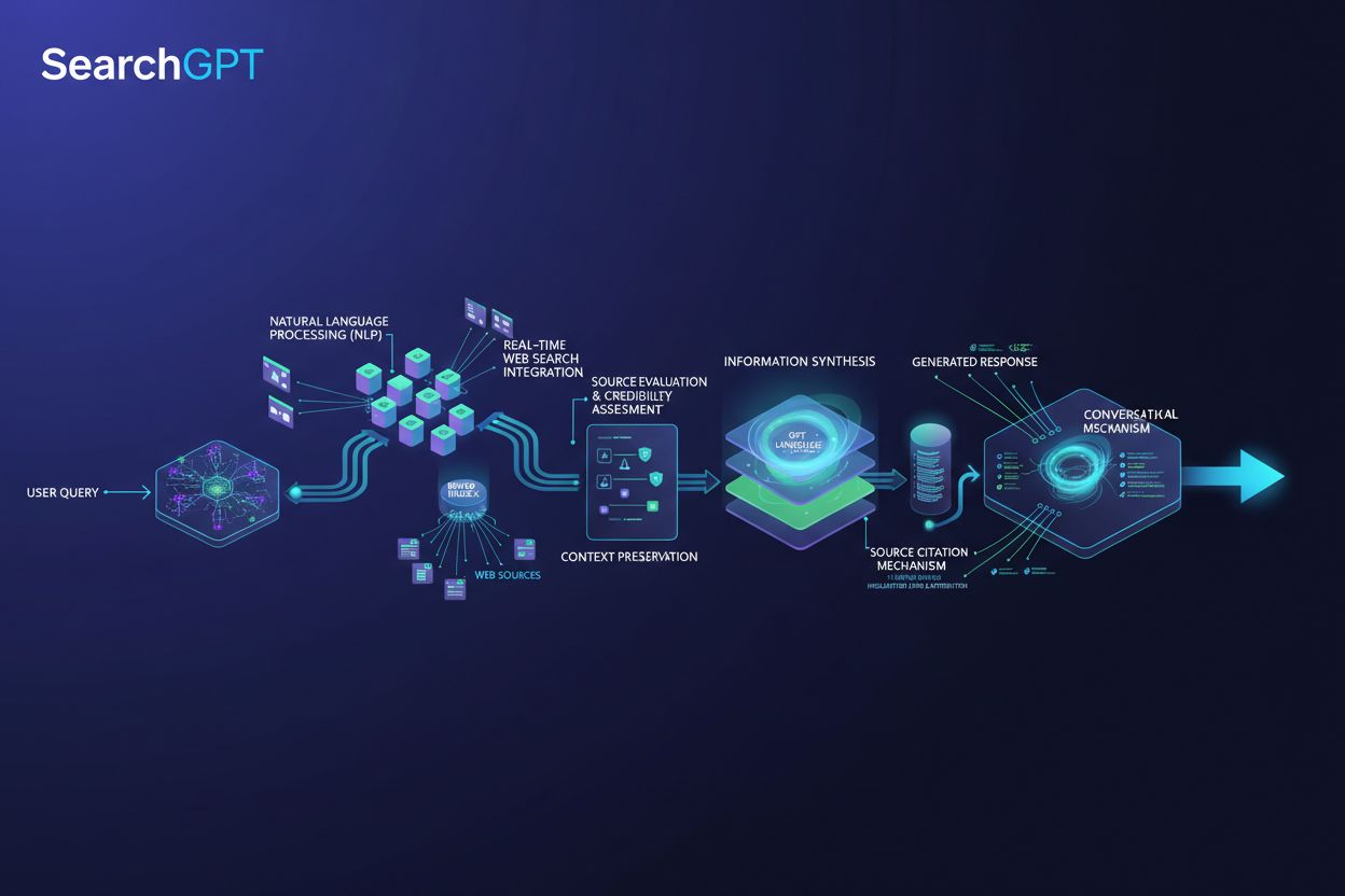 Technical architecture visualization of SearchGPT showing query processing, NLP, web search integration, and response generation