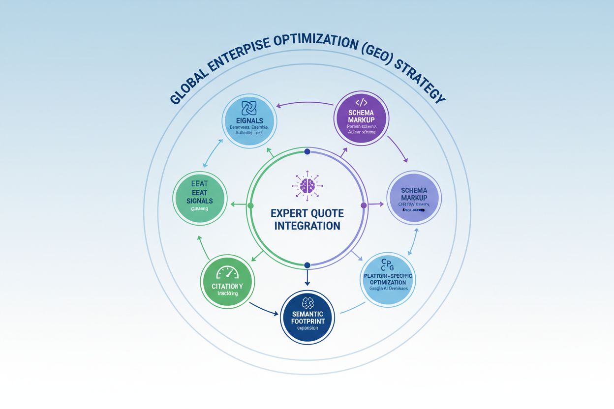 Expert Quote Integration within broader GEO strategy framework showing EEAT signals, schema markup, and platform optimization