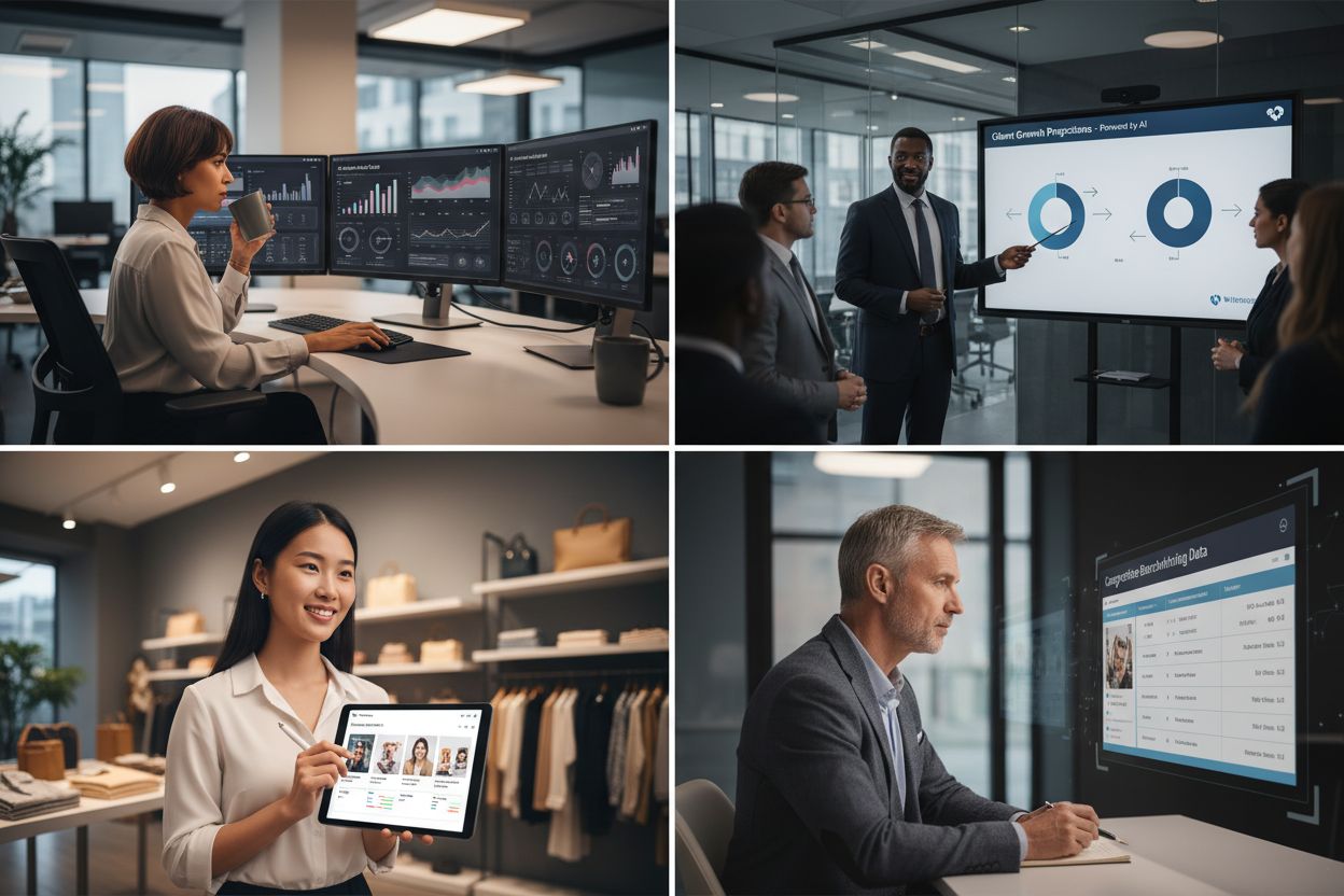 Different professional personas using AI visibility tools - marketer, agency owner, e-commerce business owner, and consultant