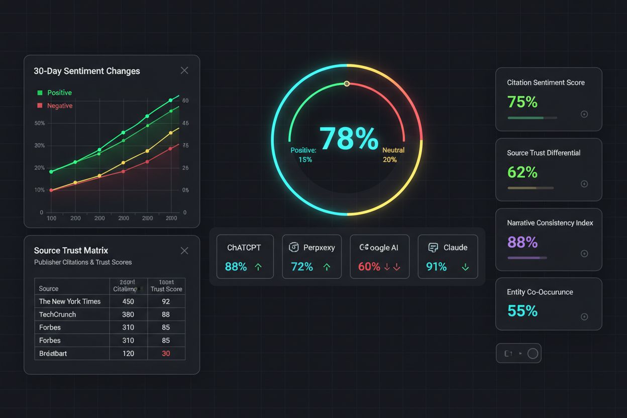 AI monitoring dashboard showing real-time brand sentiment tracking across multiple AI platforms