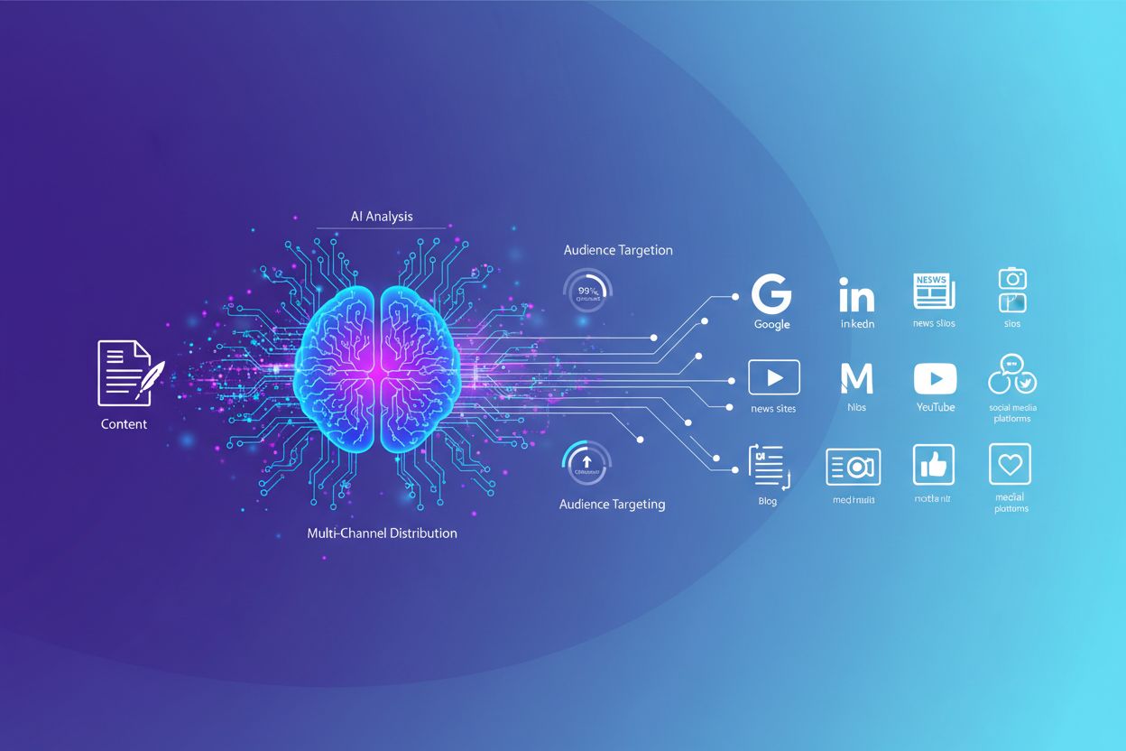AI-powered content syndication network showing content distribution across multiple platforms