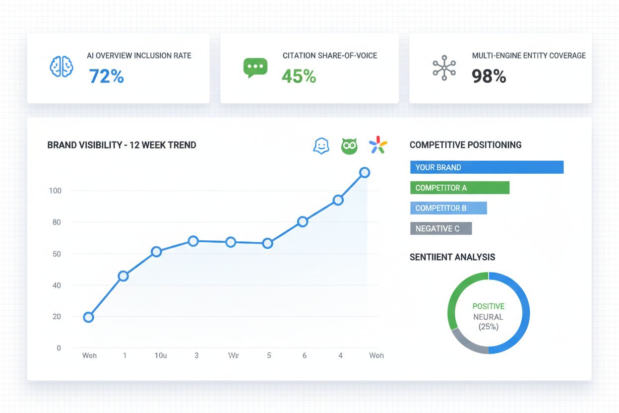 Cruscotto metriche visibilità AI che mostra tasso di inclusione, share-of-voice delle citazioni e analisi del sentiment