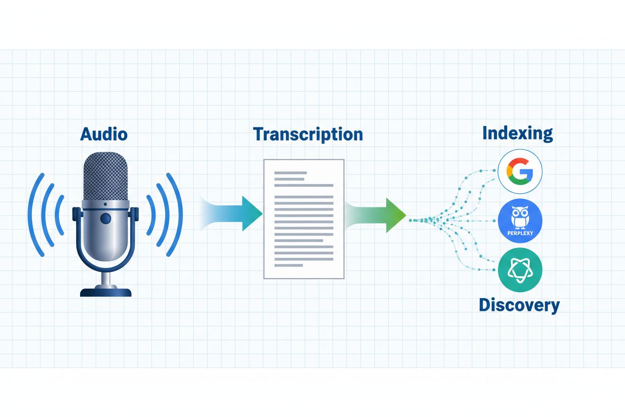 Podcast transcript indexing process showing audio conversion to searchable text and AI discovery