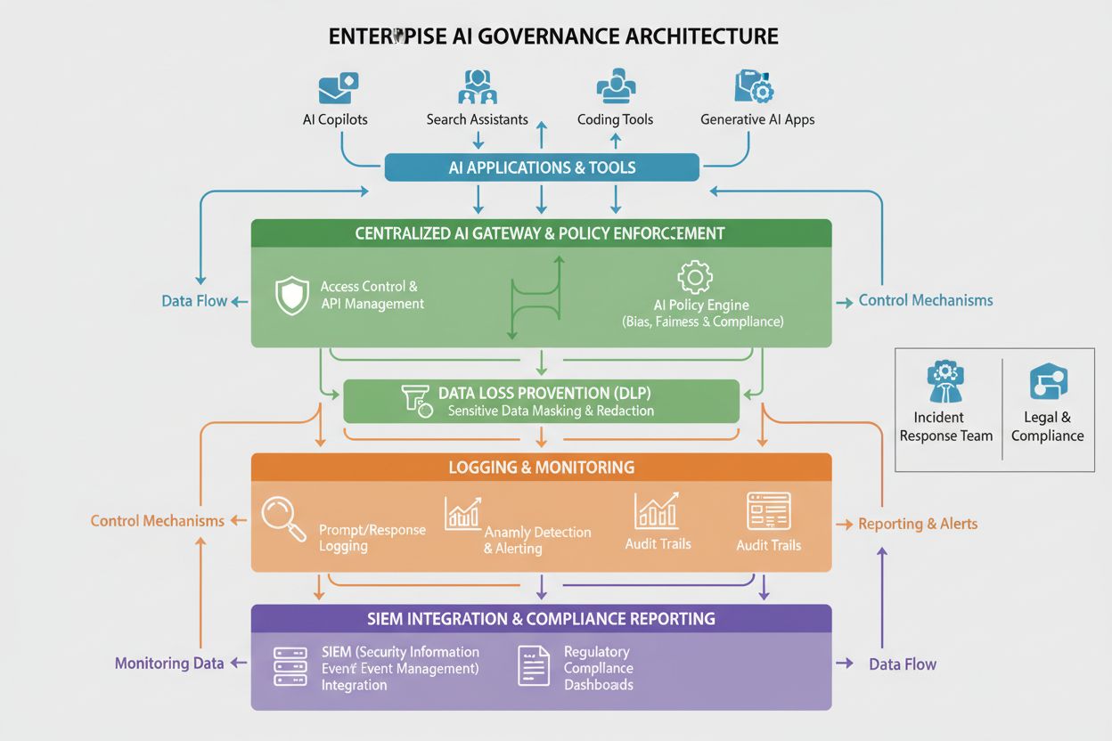 Diagramma dell'architettura di governance AI enterprise che mostra infrastrutture di sicurezza e monitoraggio a livelli con applicazioni AI, gateway, DLP, logging e integrazione SIEM